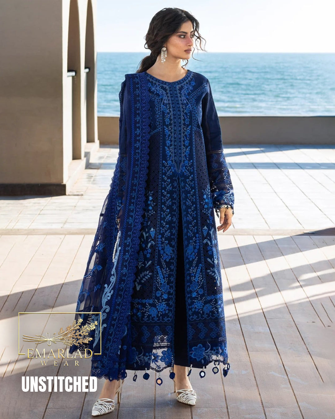 Mahnoor Blue Luxury Lawn Suit 2026 – 3PC Embroidered Dress