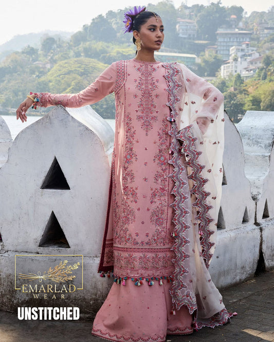 Hussain Rehar Pink Luxury Chicken Kari Lawn Embroidered Suit | Premium 3PC Summer Collection | Emarladwear