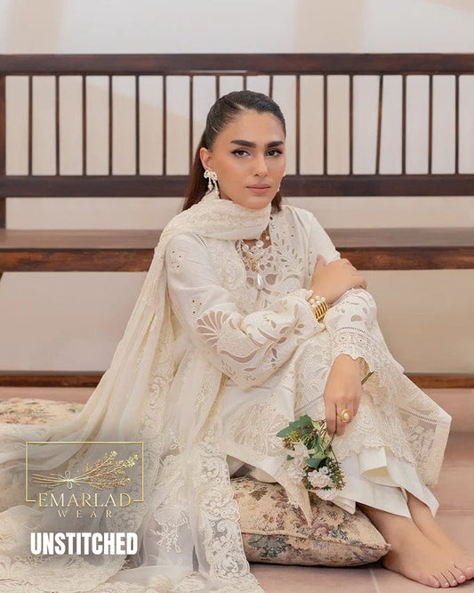 Elaf White Luxury Lawn 3 Piece Unstitched Embroidered Suit with Laser Cutwork