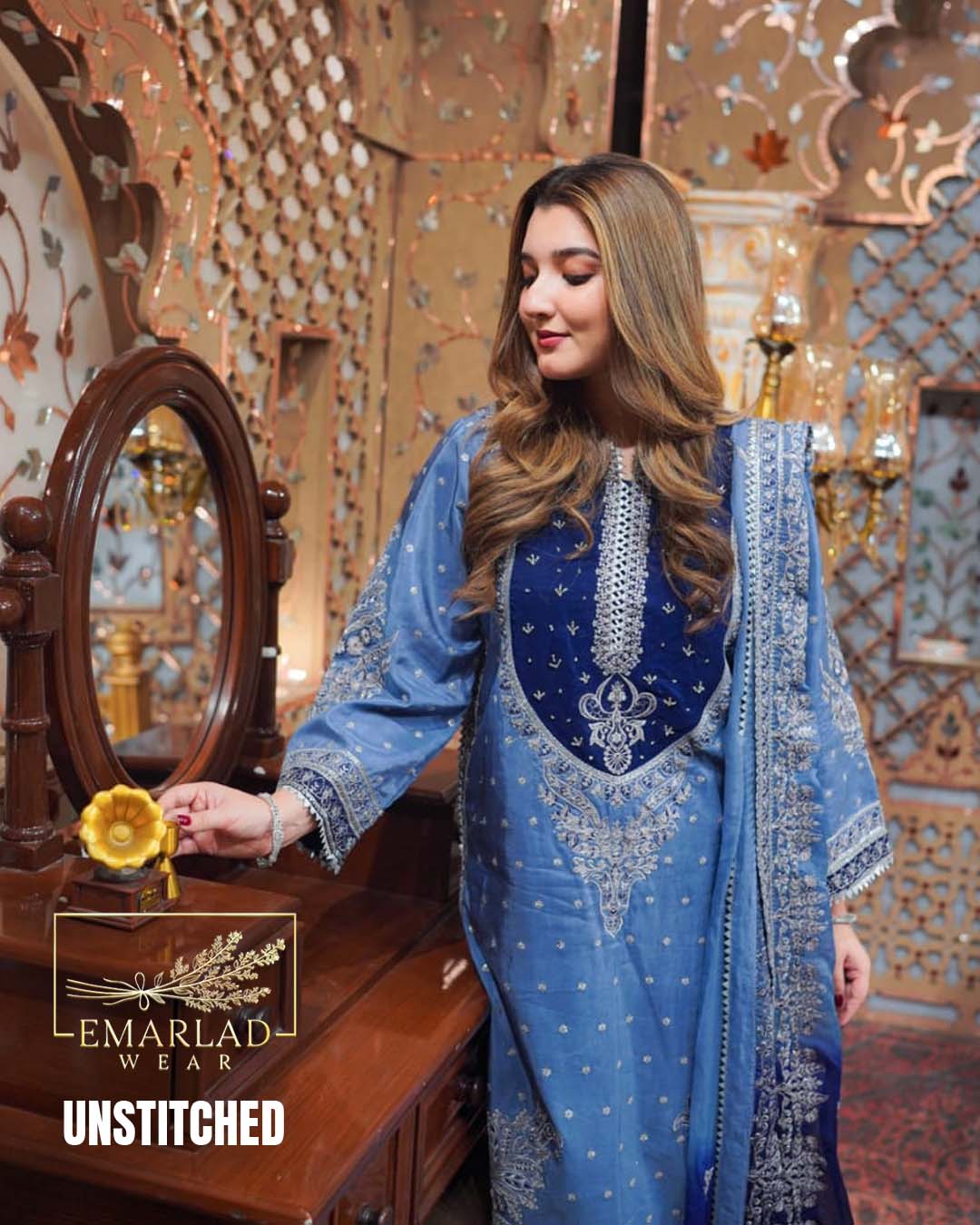 Aneelas Chiffon Embroidered 3 Piece Suit | Grey & Blue