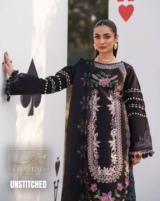 Parishay Black Luxury Lawn Chicken Kari Suit 2026 with Embroidered Chiffon Dupatta – Premium 3PC