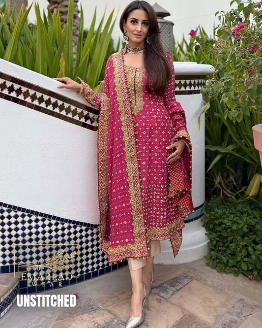 POSHKARI Semi Pure Chiffon Embroidered Suit – Shocking Pink