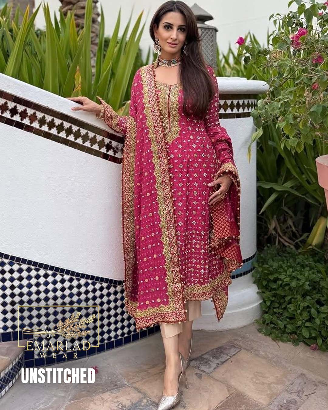 POSHKARI Semi Pure Chiffon Embroidered Suit – Shocking Pink