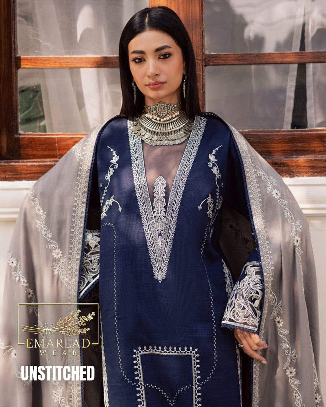 MARJAAN (ANMOL) YY Luxury Festive Embroidered Collection 2026 Navy Blue 3PC Suit with Chiffon Dupatta
