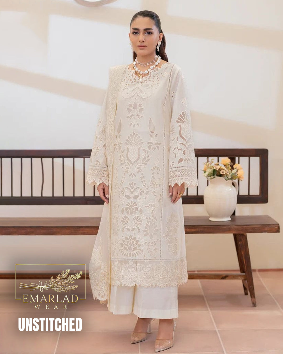 Elaf White Luxury Lawn 3 Piece Unstitched Embroidered Suit with Laser Cutwork