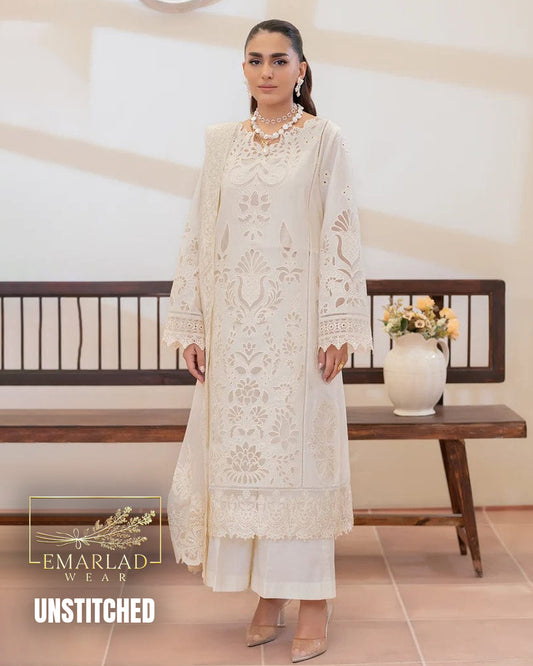 Elaf White Luxury Lawn 3 Piece Unstitched Embroidered Suit with Laser Cutwork