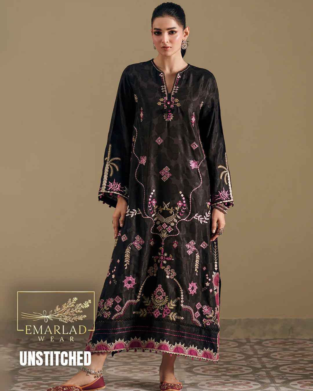 Ethnic Black Pink 2 Piece Shalmoz Silk Embroidered Suit