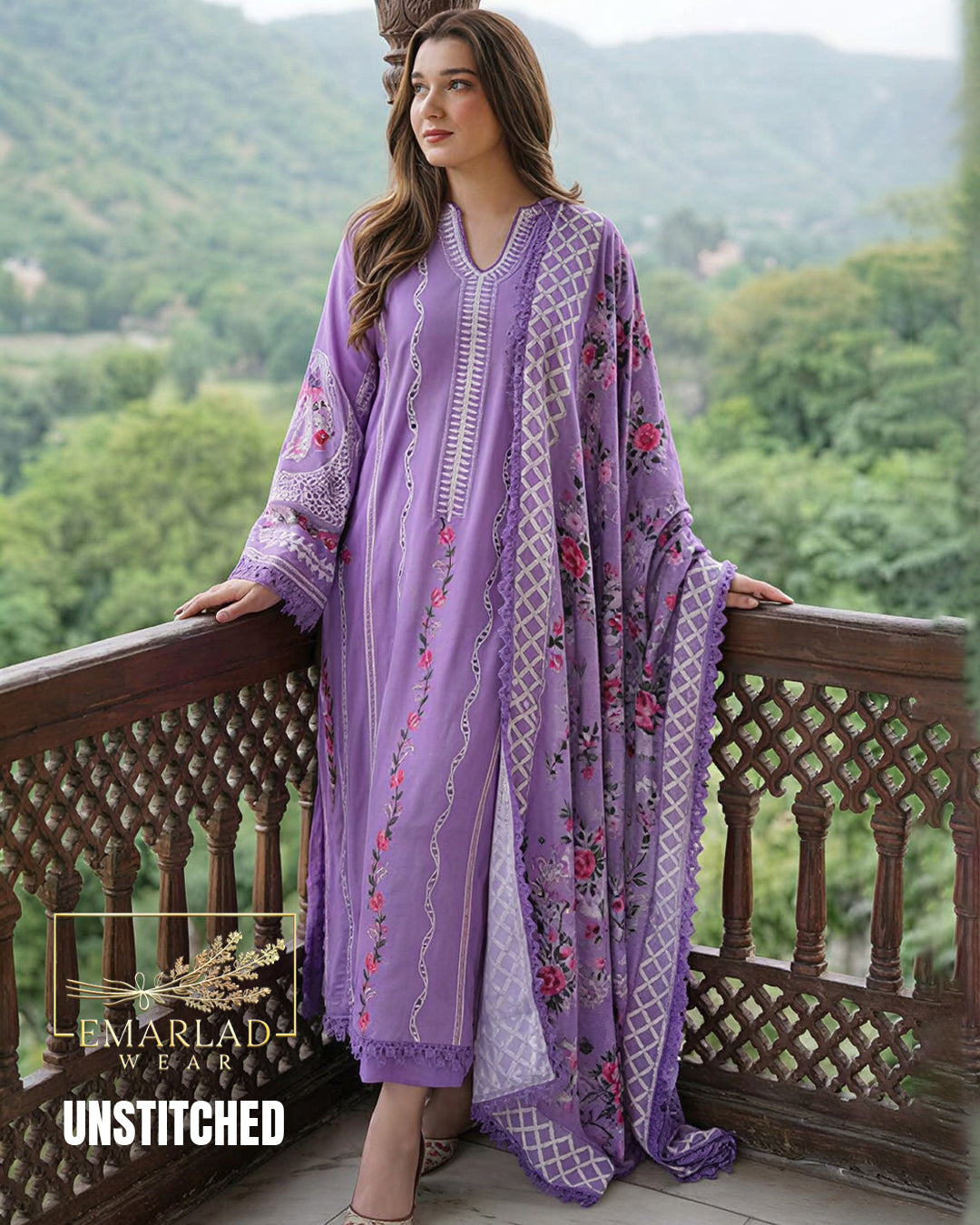 Aneela Chikenkari Noor Purple Unstitched 3 Piece Lawn Suit with Digital Silk Dupatta