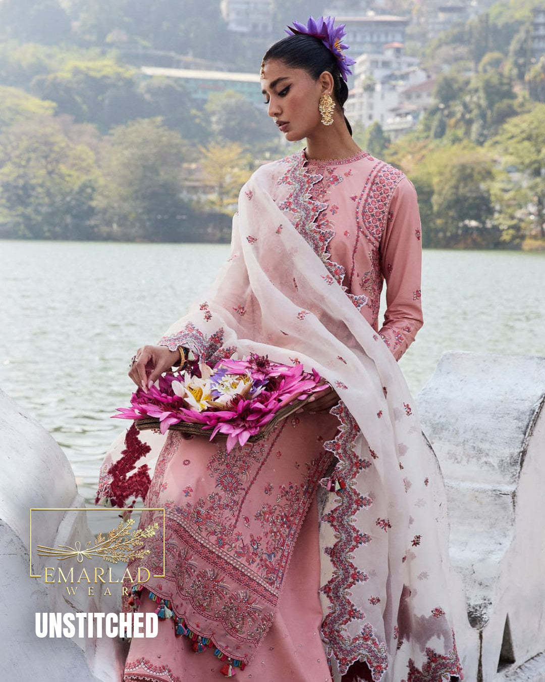 Hussain Rehar Pink Luxury Chicken Kari Lawn Embroidered Suit | Premium 3PC Summer Collection | Emarladwear