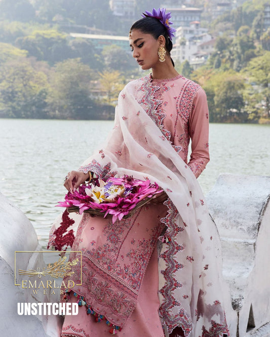 Hussain Rehar Pink Luxury Chicken Kari Lawn Embroidered Suit | Premium 3PC Summer Collection | Emarladwear