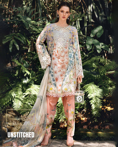 Maria B M Print Lawn Collection 2026 Peach 3 Piece Suit – Embroidered Lawn Dress with Chiffon Dupatta