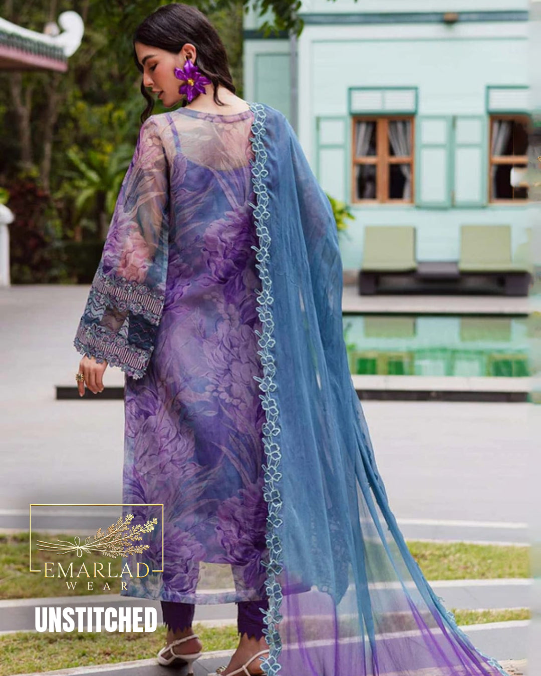 Nureh Purple Lawn Dress with Embroidered Chiffon Dupatta & Printed Trouser