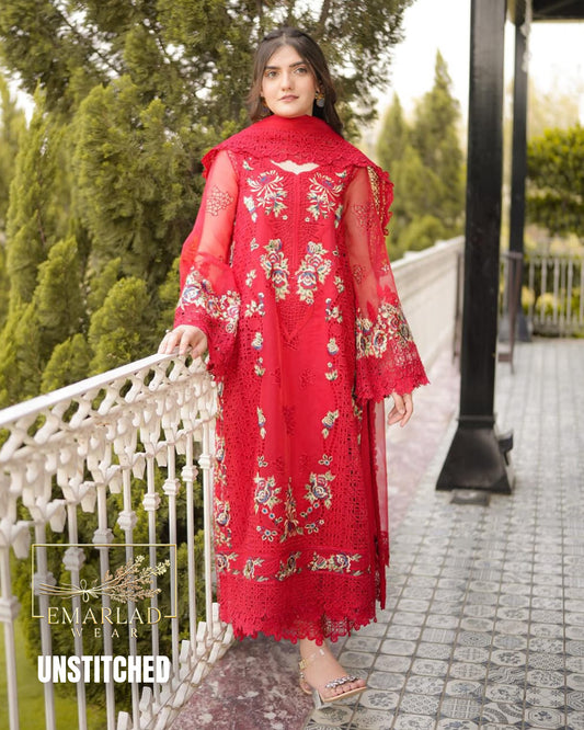 Aneelas Red Luxury Embroidered Lawn 3PC Suit – Premium Designer Collection