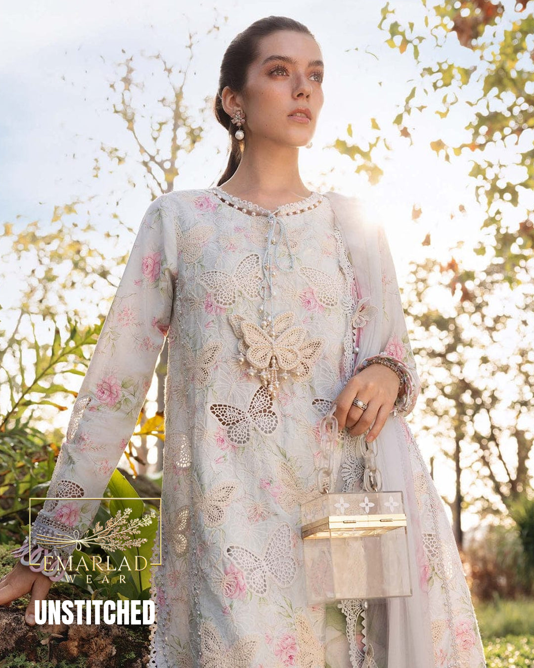 Maria B 2026 Laser Butterfly Lawn Suit grey with Chiffon Printed Dupatta 3PC
