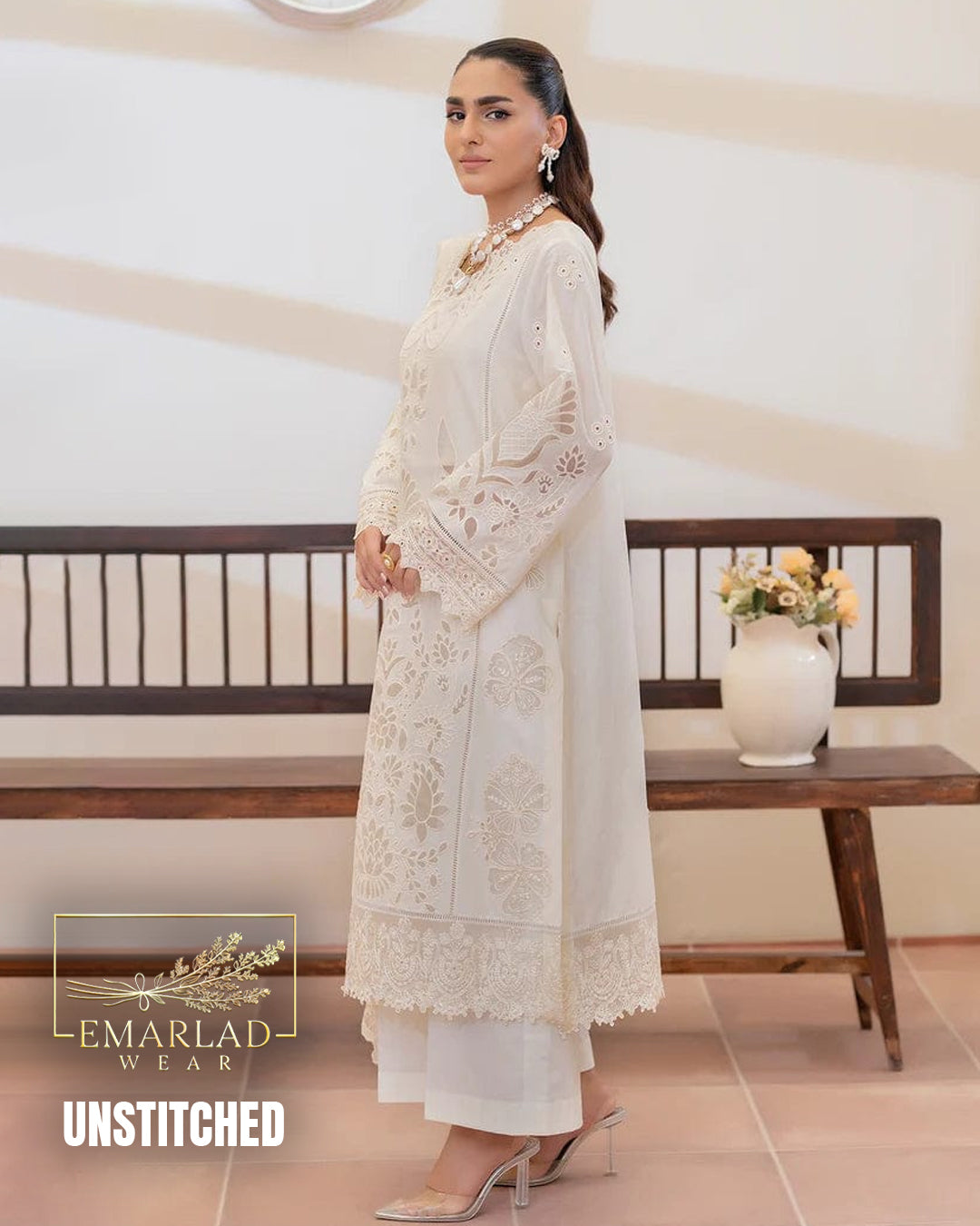 Elaf White Luxury Lawn 3 Piece Unstitched Embroidered Suit with Laser Cutwork