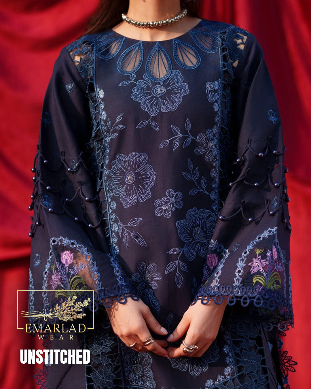 Parishay Luxury Lawn Collection Navy Blue Chicken Kari 3PC Suit – Premium Summer Dress