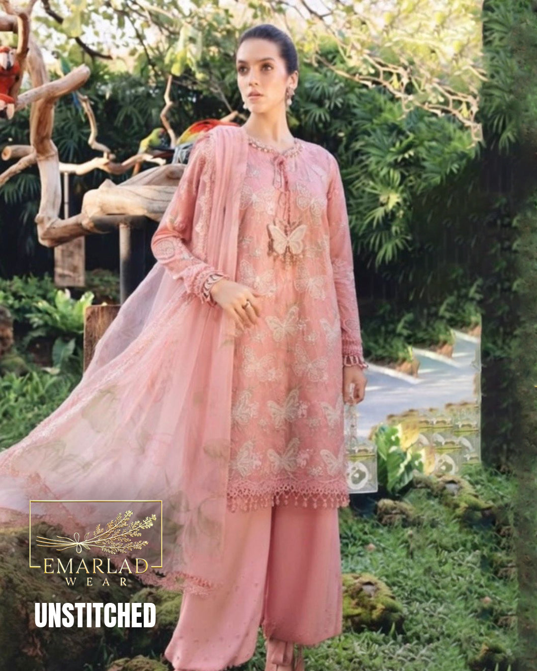 Maria B M Print Butterfly Peach Lawn Suit 2026 – Embroidered Chiffon Dupatta 3PC Dress