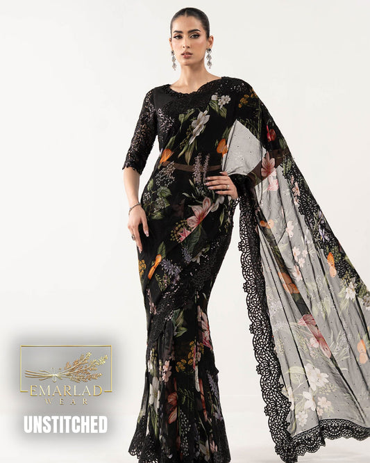 Maria B Black Digital Printed Heavy Embroidered Saree