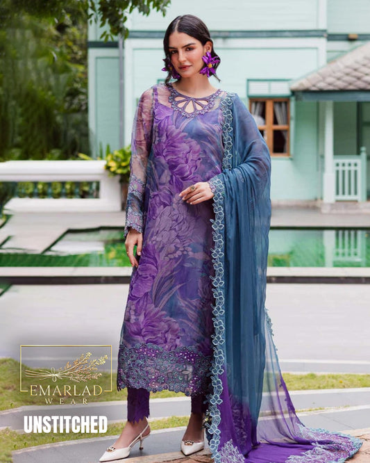 Nureh Purple Lawn Dress with Embroidered Chiffon Dupatta & Printed Trouser