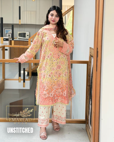 Zainab Chottani Tie & Dye Lawn Suit White & Peach | Embroidered Chiffon Dupatta | Unstitched 3 Piece Summer Collection