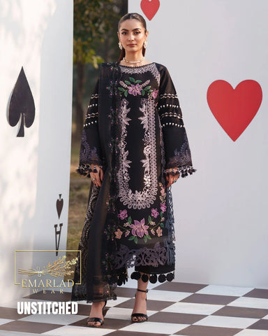 Parishay Black Luxury Lawn Chicken Kari Suit 2026 with Embroidered Chiffon Dupatta – Premium 3PC