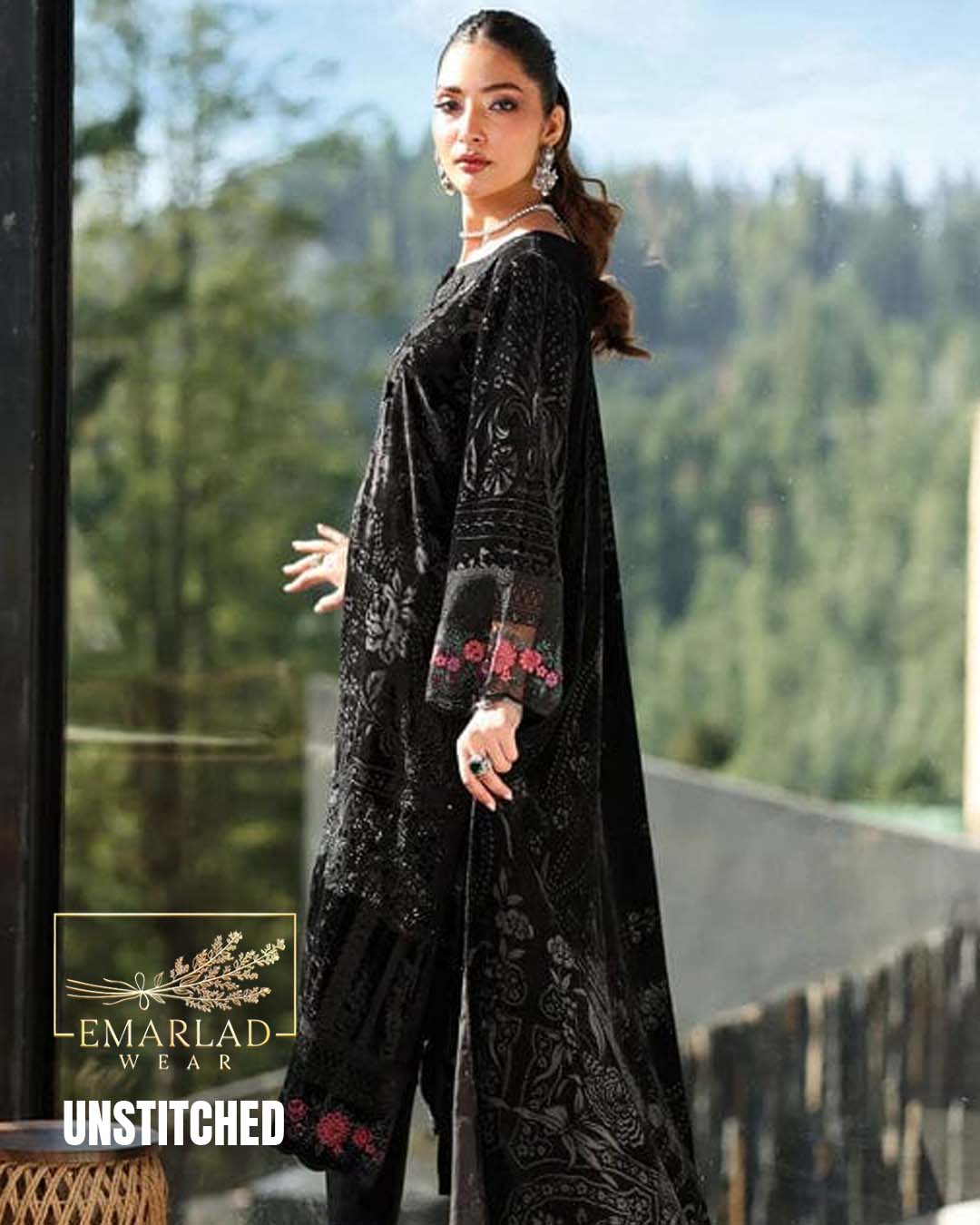 M.B  Velvet Plachi Embroidered Collection | Jet black