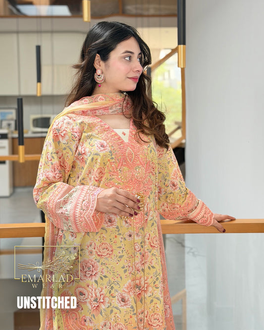 Zainab Chottani Tie & Dye Lawn Suit White & Peach | Embroidered Chiffon Dupatta | Unstitched 3 Piece Summer Collection