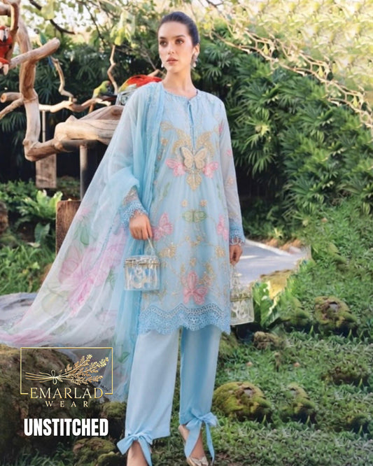Maria B M Print Light Blue Butterfly  Lawn Suit 2026 – Embroidered Chiffon Dupatta 3PC Dress