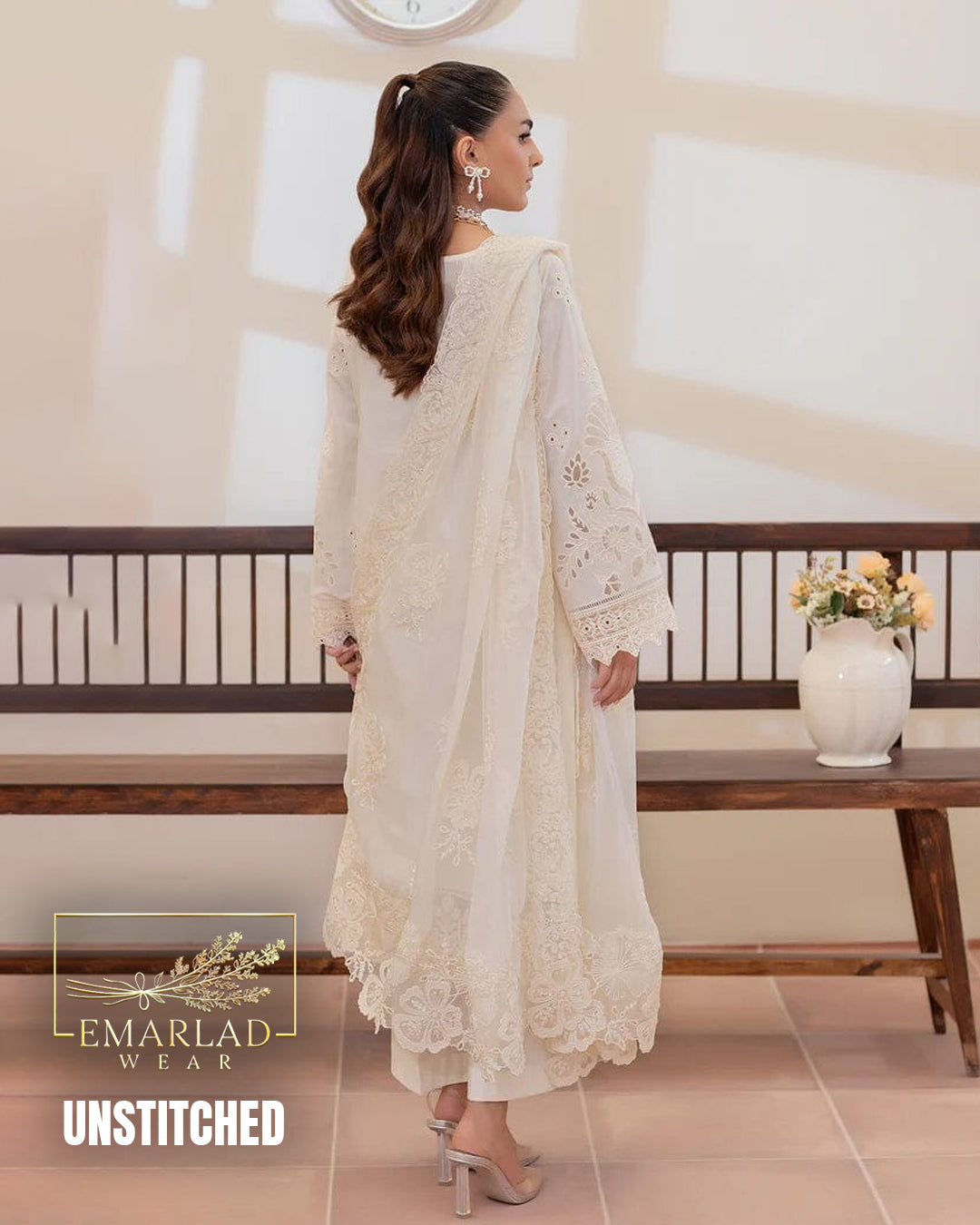 Elaf White Luxury Lawn 3 Piece Unstitched Embroidered Suit with Laser Cutwork