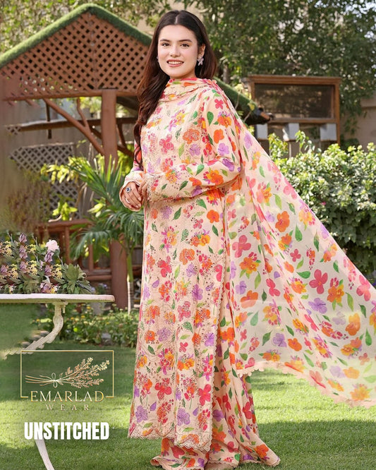 Aneelas Lawn Printed Chicken Kari Embroidered Dress with Chiffon Dupatta Skin Orange Multi