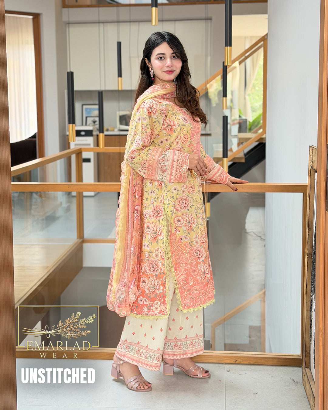 Zainab Chottani Tie & Dye Lawn Suit White & Peach | Embroidered Chiffon Dupatta | Unstitched 3 Piece Summer Collection