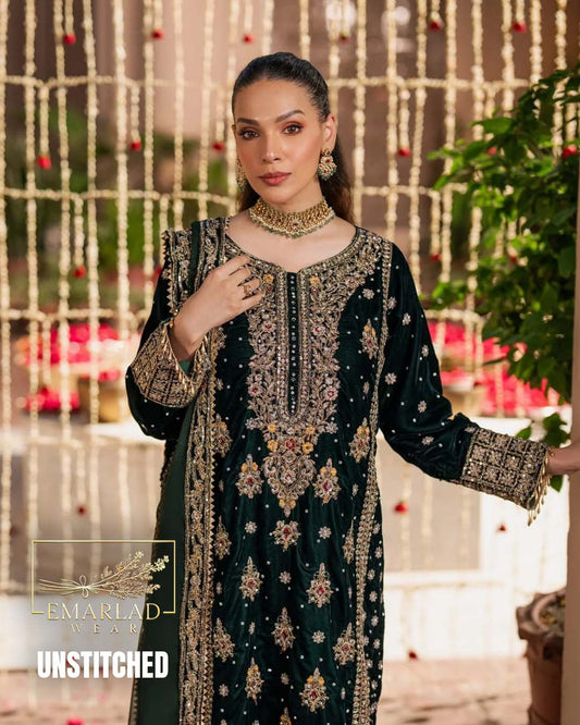 HASEENS Velvet Embroidered Winter Collection | Dark Green