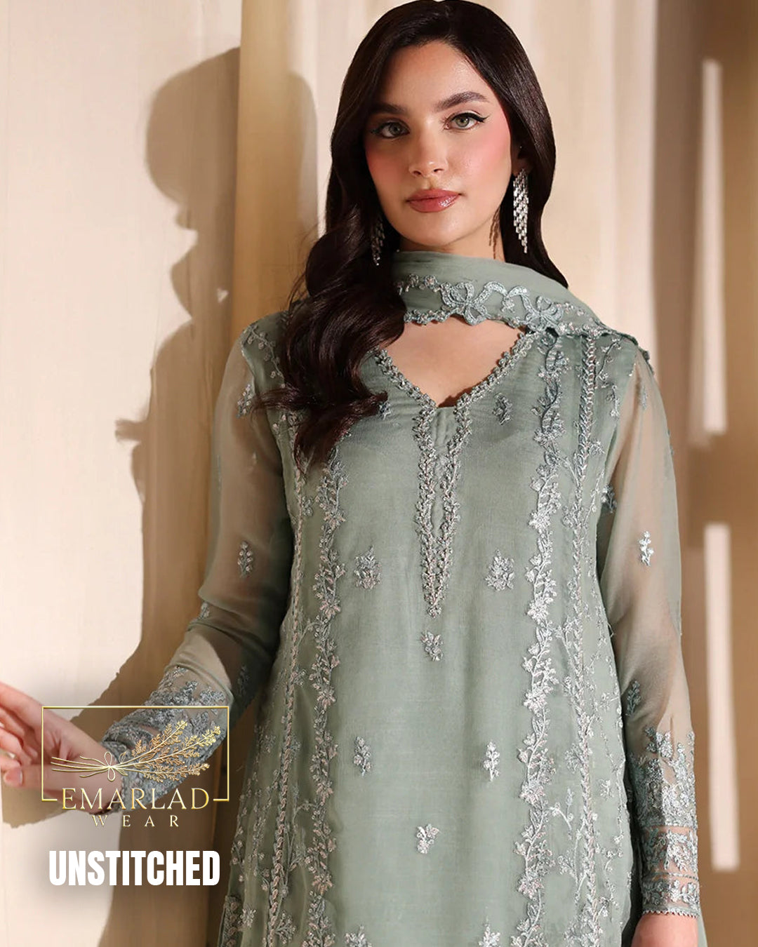 Azure Dark Pistachio Green Chiffon Partywear 3 Piece Suit M-7