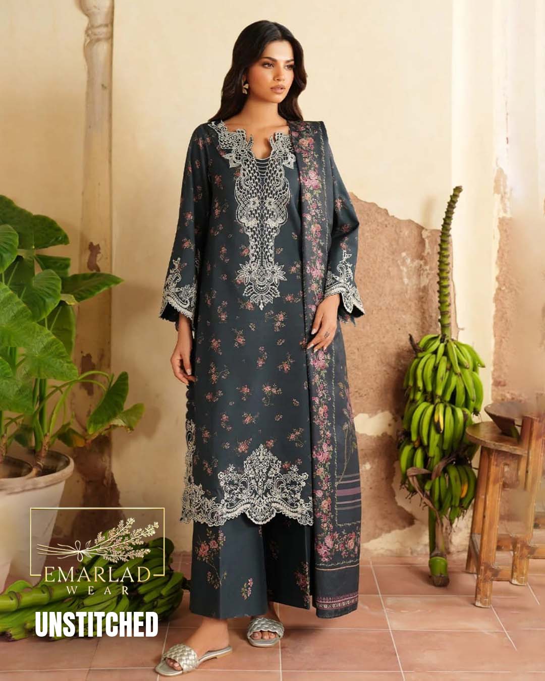 IZNIK Navy Blue Premium Lawn 3PC Suit with Chiffon Dupatta