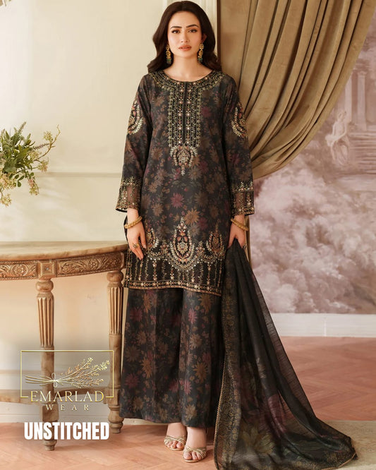Mohagni Brown Lawn Suit with Embroidered Chiffon Dupatta – Premium 3PC Summer Collection