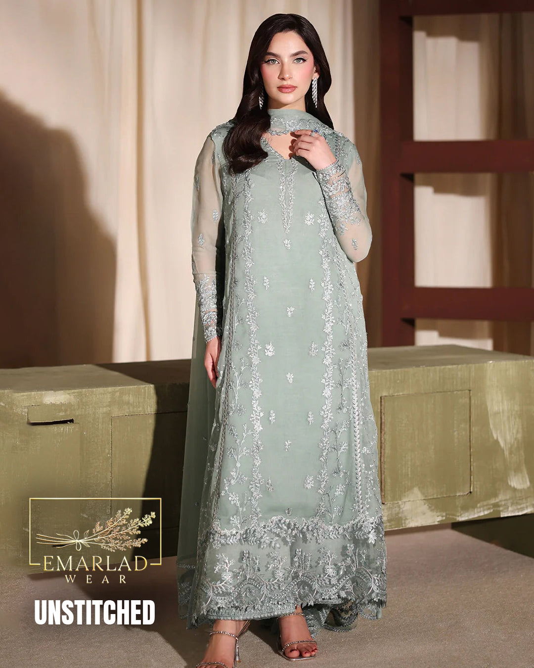 Azure Dark Pistachio Green Chiffon Partywear 3 Piece Suit M-7