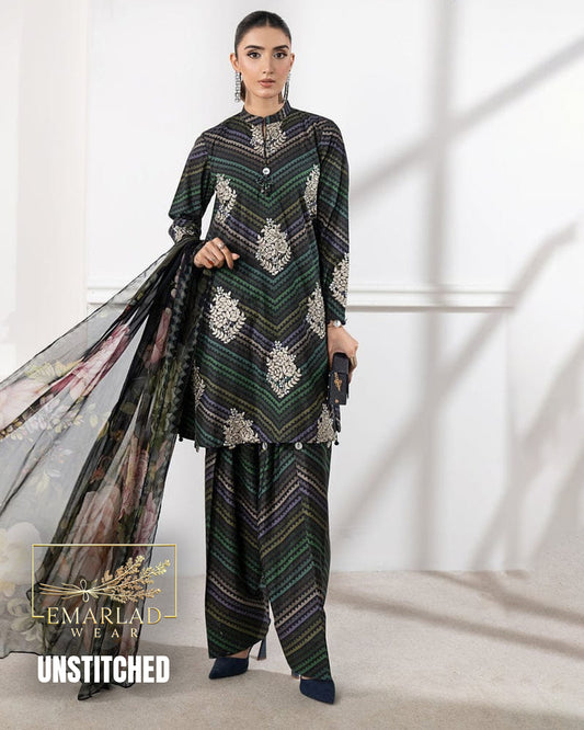 MB M-Print Lawn zig zag blue 3PC 2026 – Heavy Embroidered  with Chiffon Dupatta