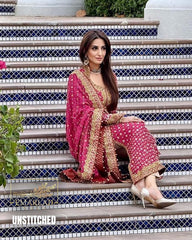 POSHKARI Semi Pure Chiffon Embroidered Suit – Shocking Pink