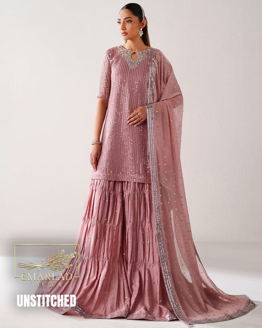 Baroque Luxury Chiffon Collection 5MM Sequin Embroidered 3 Piece Unstitched Suit – T Pink