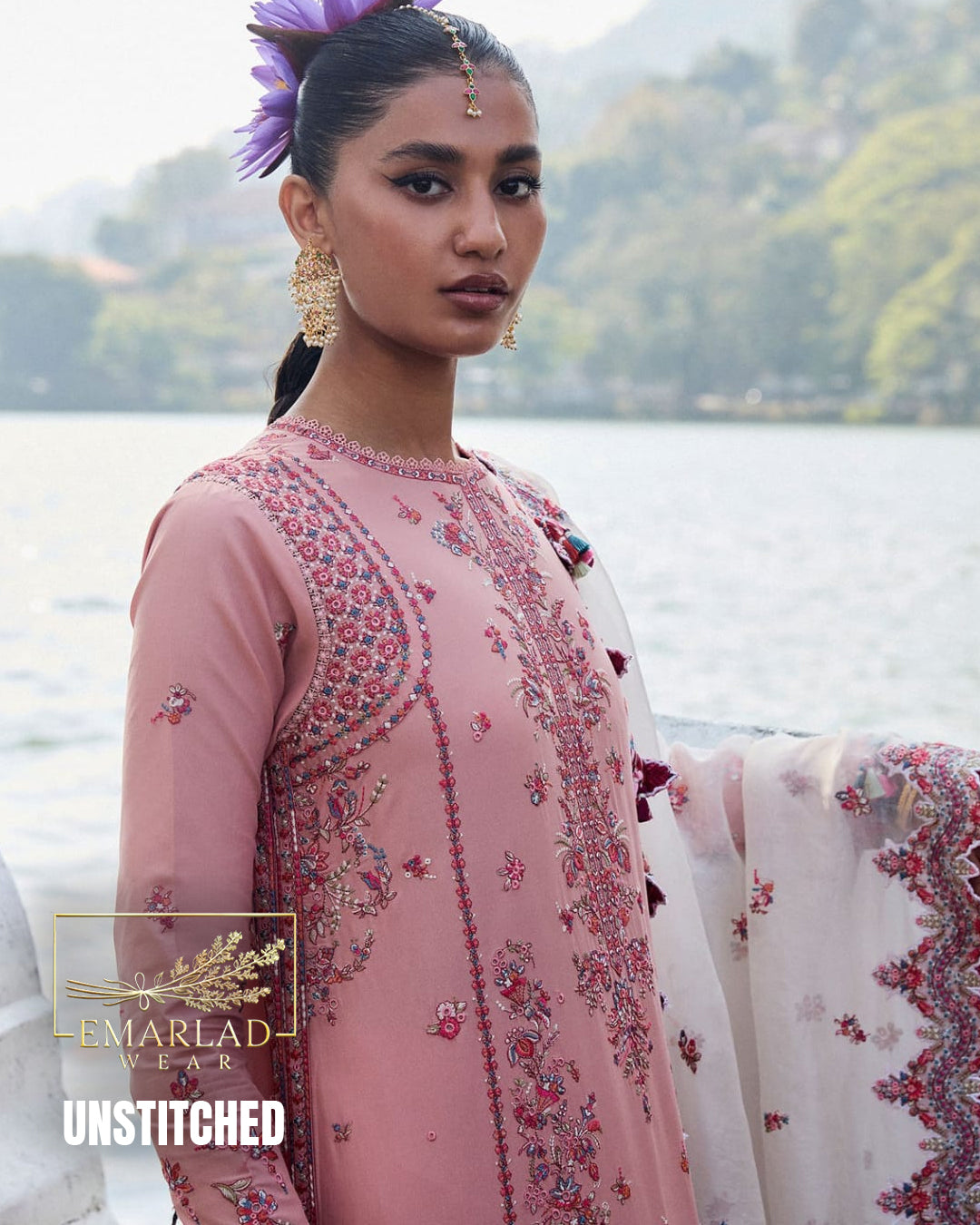 Hussain Rehar Pink Luxury Chicken Kari Lawn Embroidered Suit | Premium 3PC Summer Collection | Emarladwear