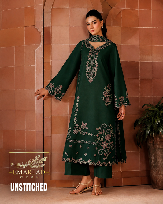 Dark Green Dhanak Winter Collection 3 Piece Unstitched Suit