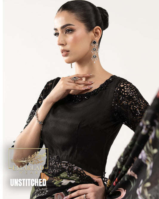 Maria B Black Digital Printed Heavy Embroidered Saree