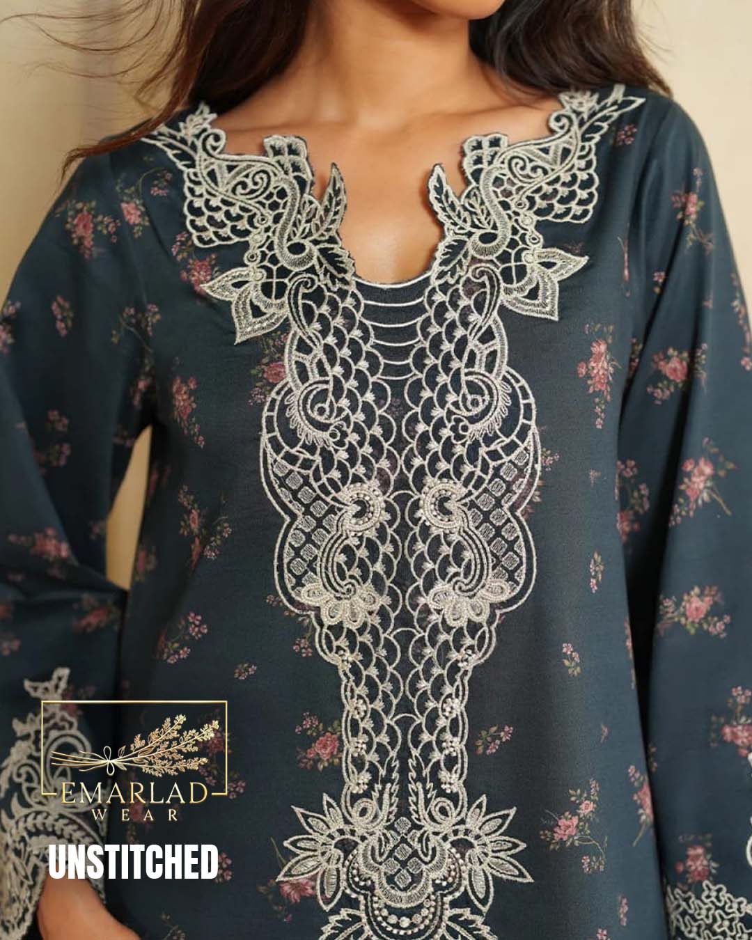 IZNIK Navy Blue Premium Lawn 3PC Suit with Chiffon Dupatta