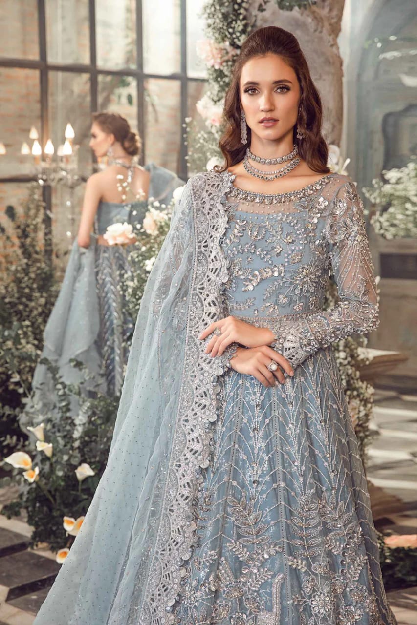 Maria B Sky Blue Wedding Collection Organza Dress Maxi Hand Work
