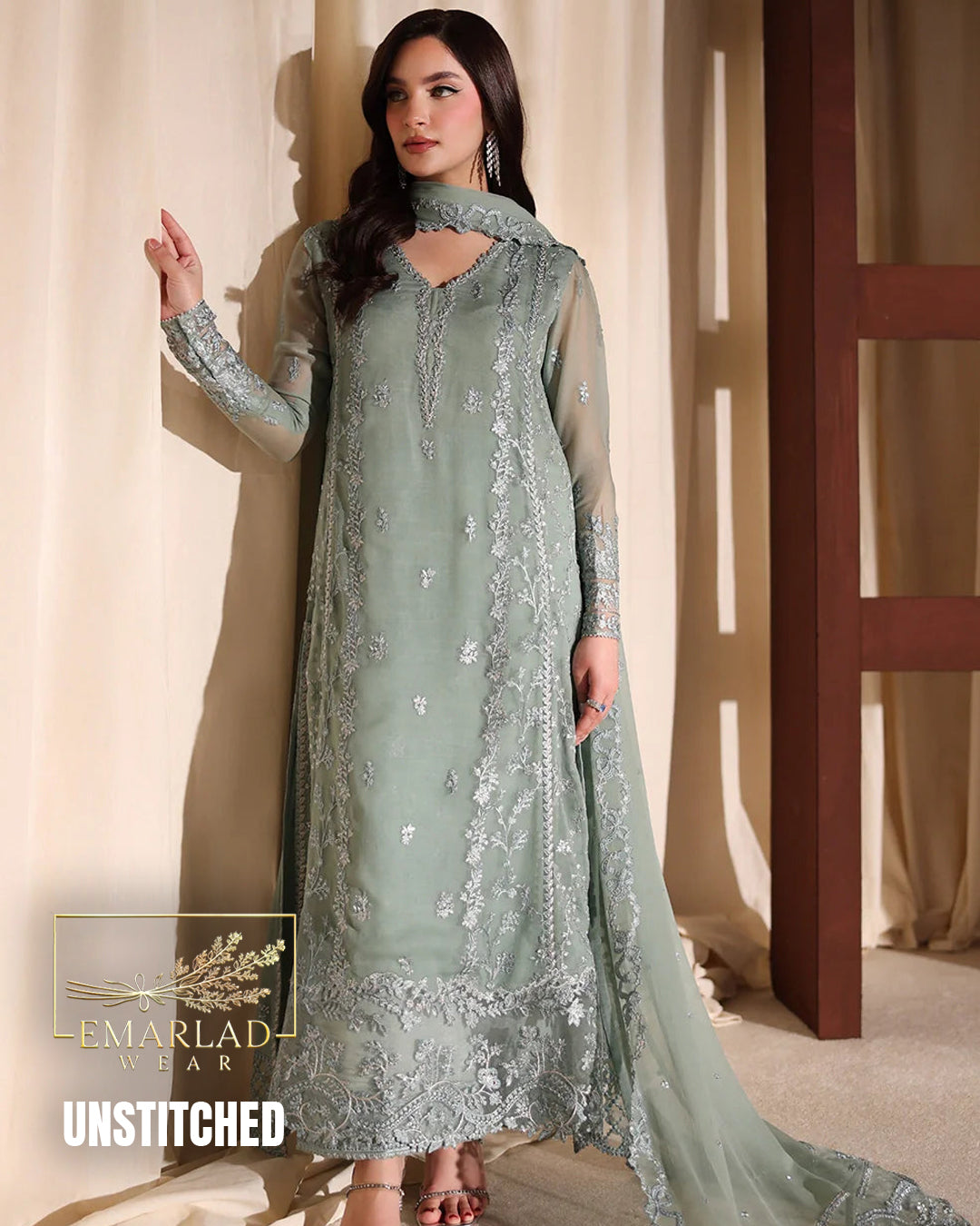 Azure Dark Pistachio Green Chiffon Partywear 3 Piece Suit M-7