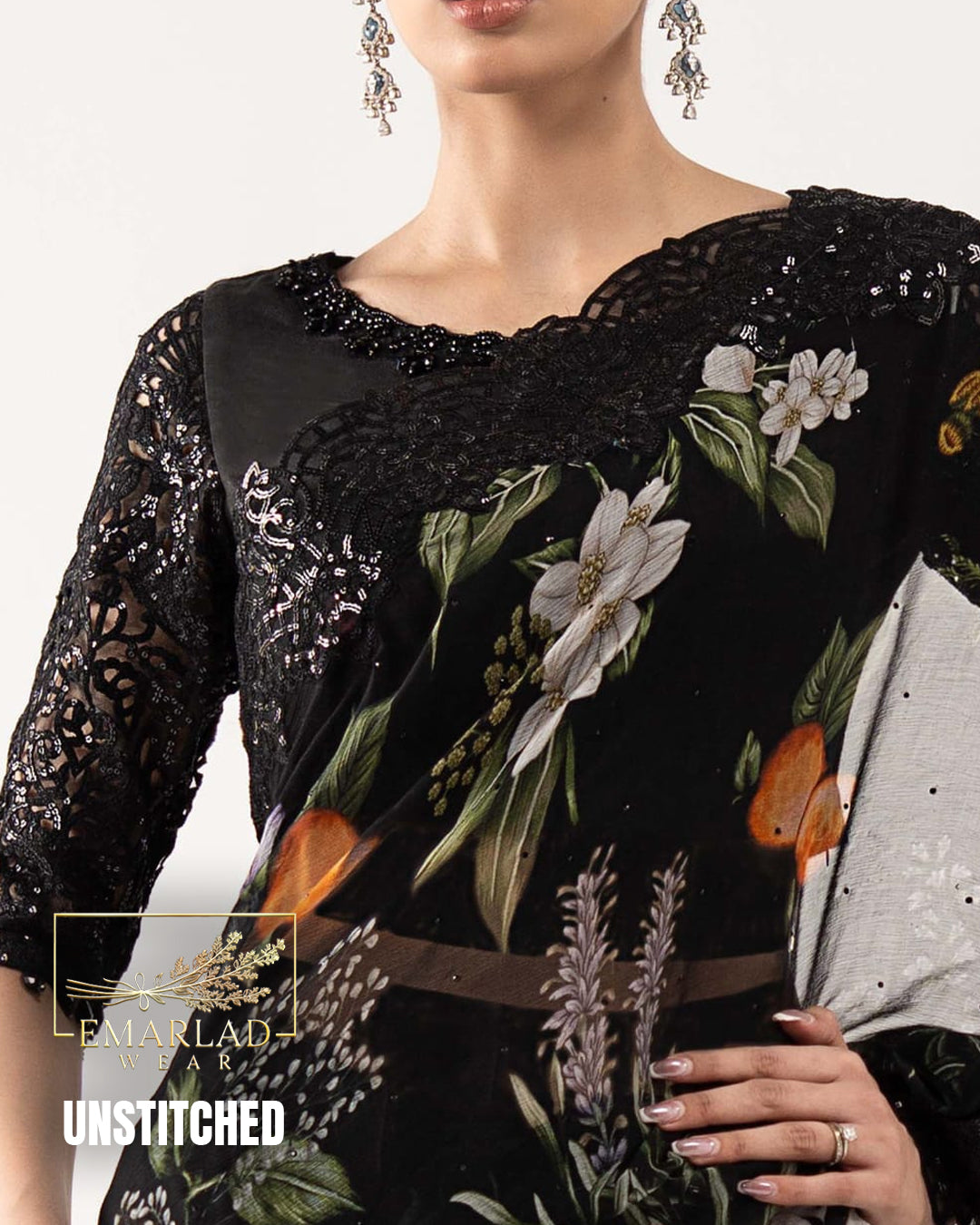 Maria B Black Digital Printed Heavy Embroidered Saree