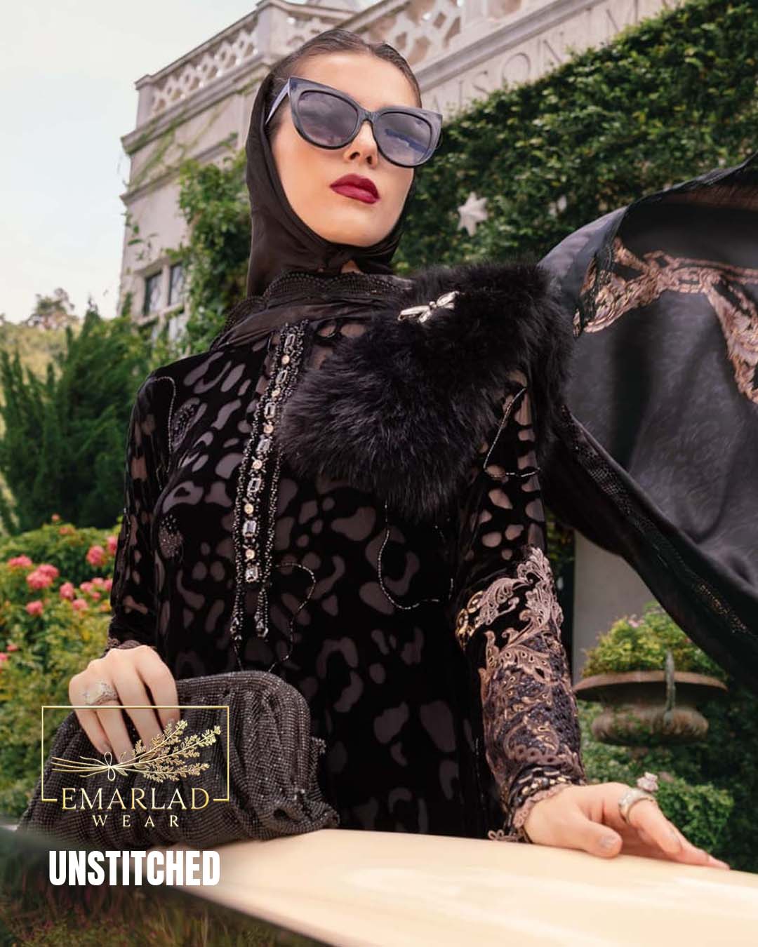 Maria B Black Plachi Velvet Suit with Silk Printed Dupatta