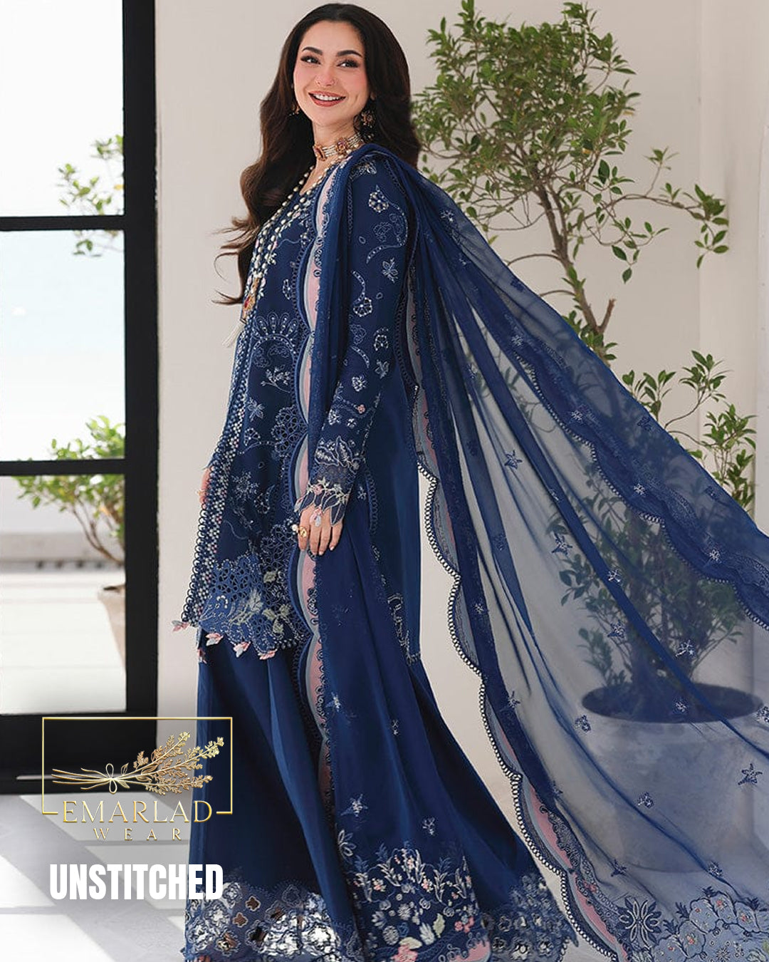 Qalamkar Sahil NavyBlue Luxury Embroidered Lawn Suit 3PC Unstitched – Premium Summer Collection