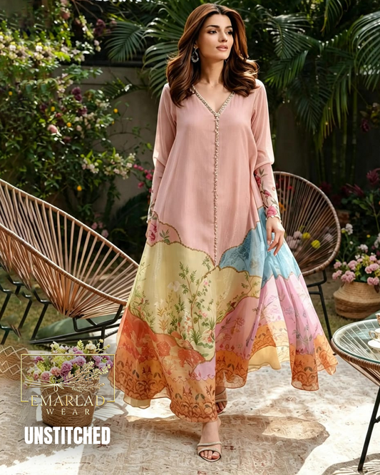 Aysel Peach Silk Digital Printed 3 Piece Suit