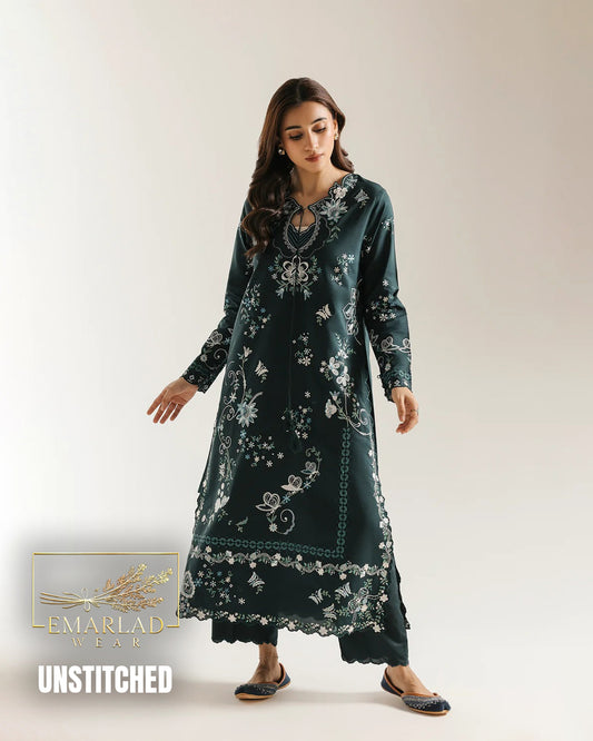 Ethnic Dark Bottle Green 2 Piece Silk Kaftan Unstitched